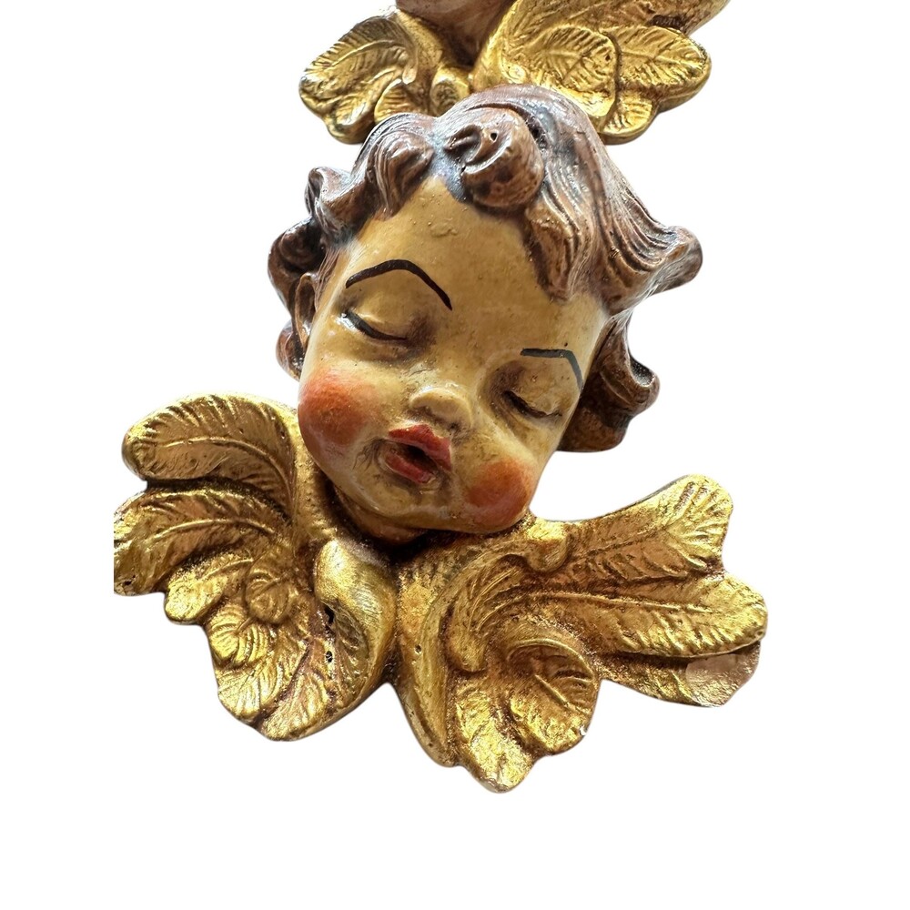 Vintage Italian Cherub Small Wall Plaques Set of 2 Gold Chalkware Putti Angels - Picture 3 of 7